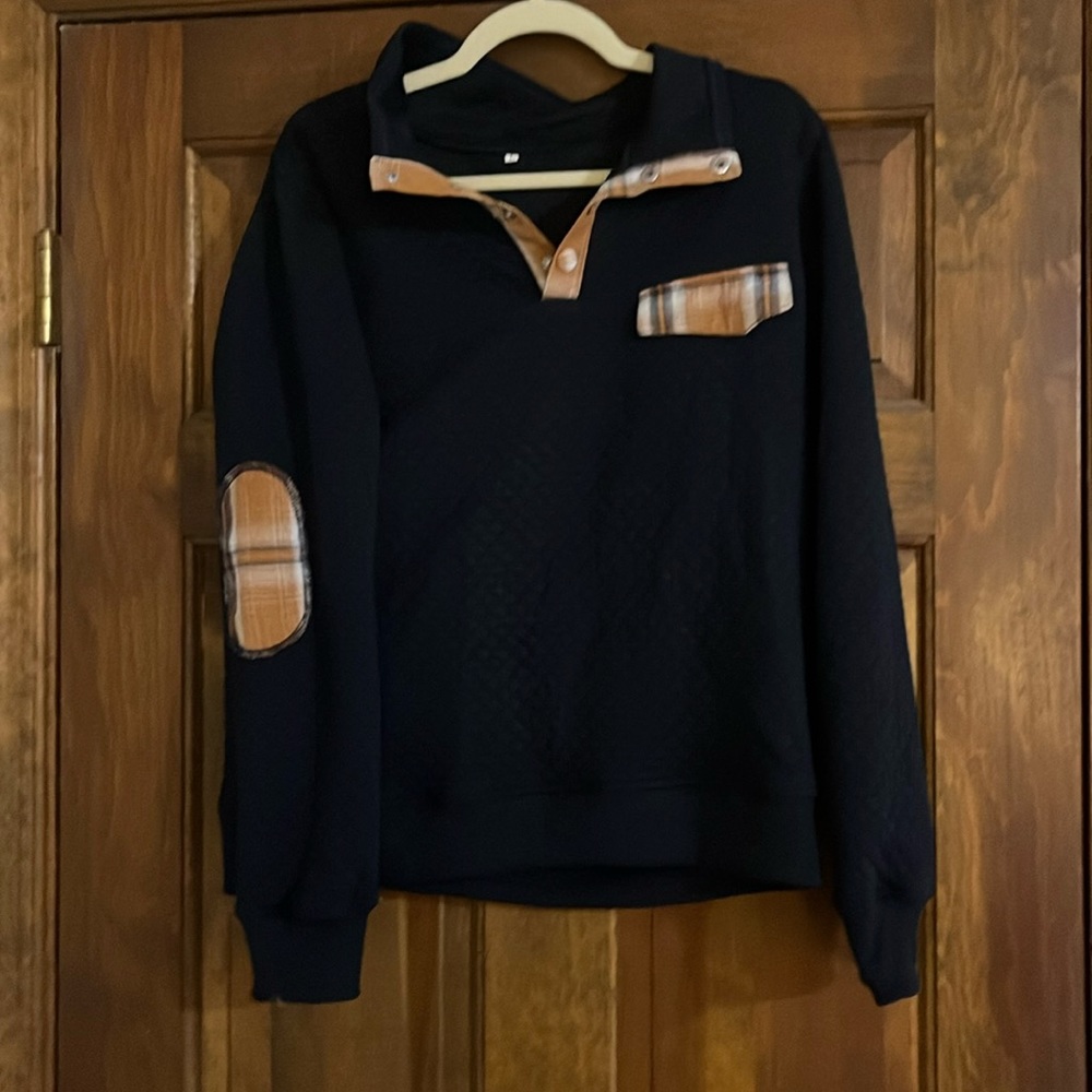 Boutique Navy Sweatshirt with Plaid Details